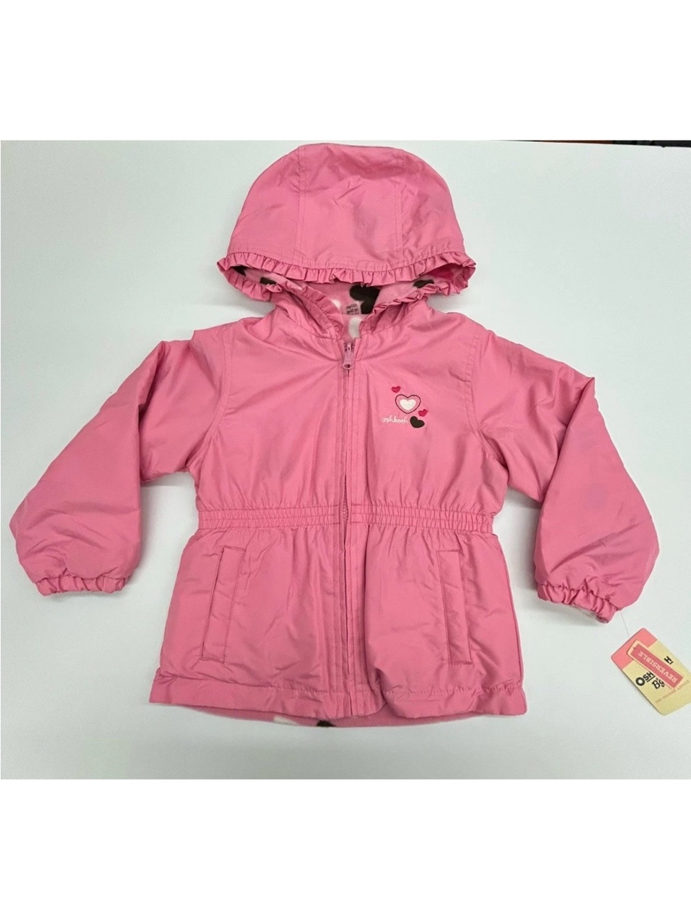 Oshkosh Jacket Girl 5 Pink Reversible Fleece Hearts Hood Spring School Play NEW
